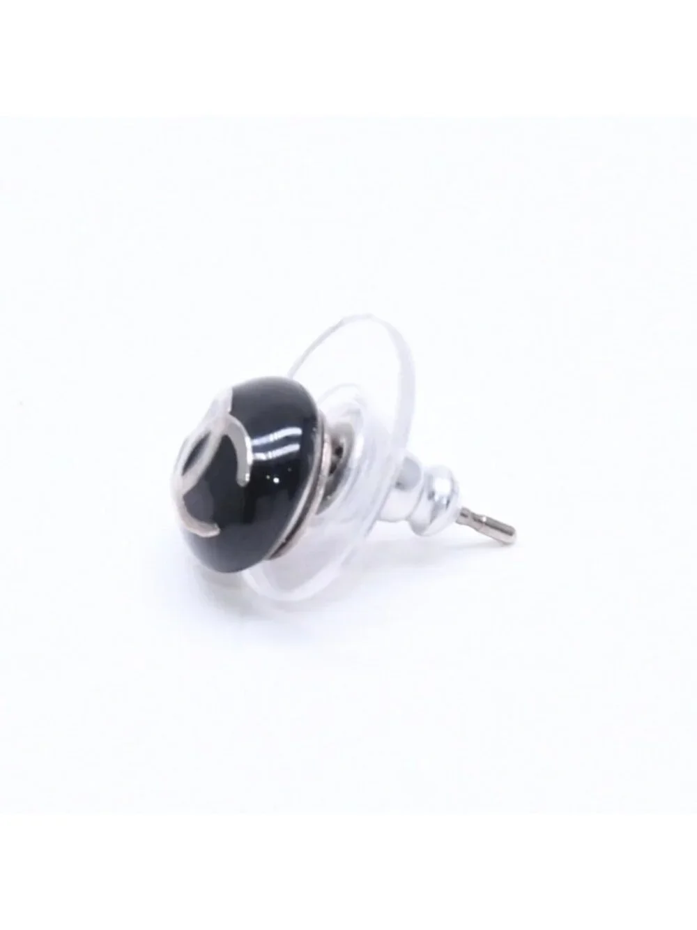 Chanel Button Earrings CC Logo Black Silver 03